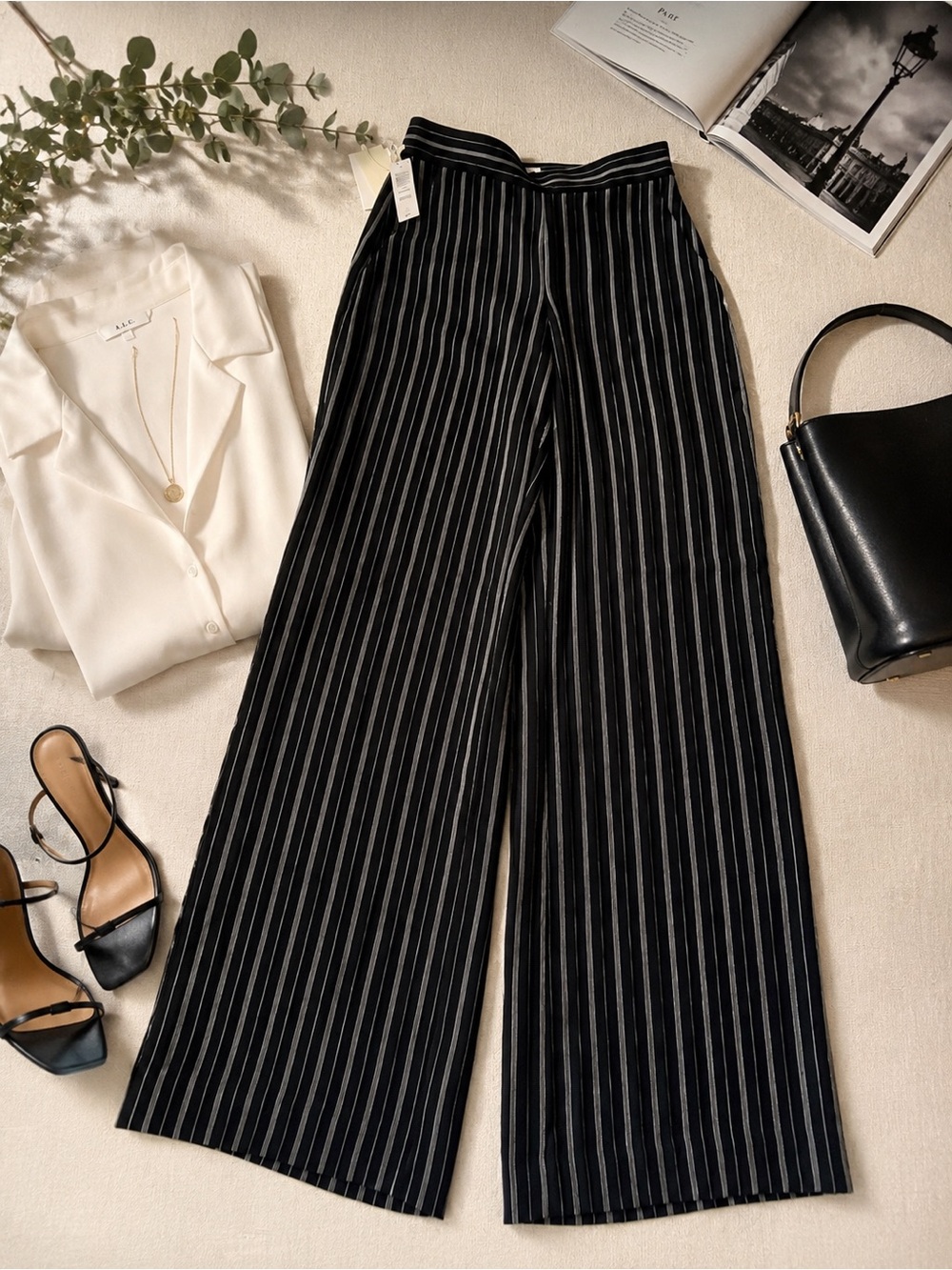 NWT Wilfred Clarisse Wide Leg Pinstripe Pants Black White Career Trouser Sz 4